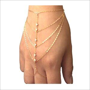Gold Plated Crystal Chain Tassel Bracelet Hand Harness Ring